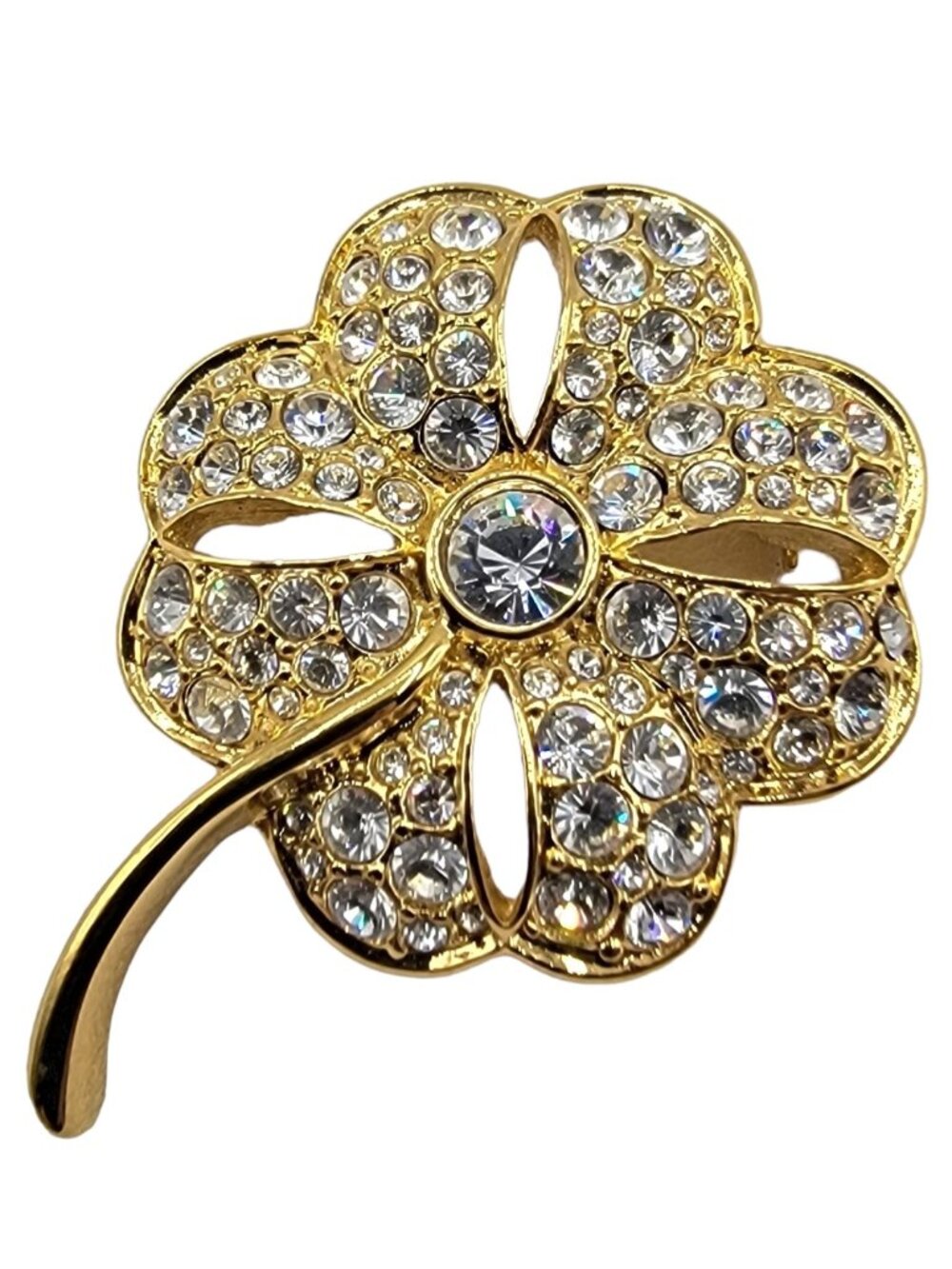 Swarovski Gold Tone Clear Rhinestone Flower Brooch, Signed